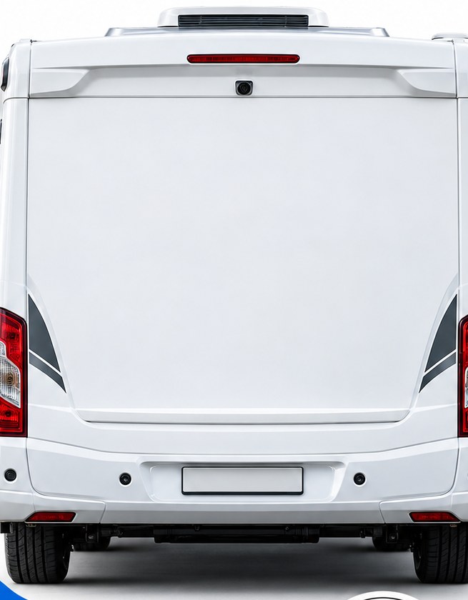 Wohnmobil-Heck mit Motiv-Aufkleber